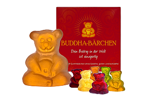 Buddha Baerchen vor Schachtel - mindsweets: Zehn Jahre Buddha-Bärchen